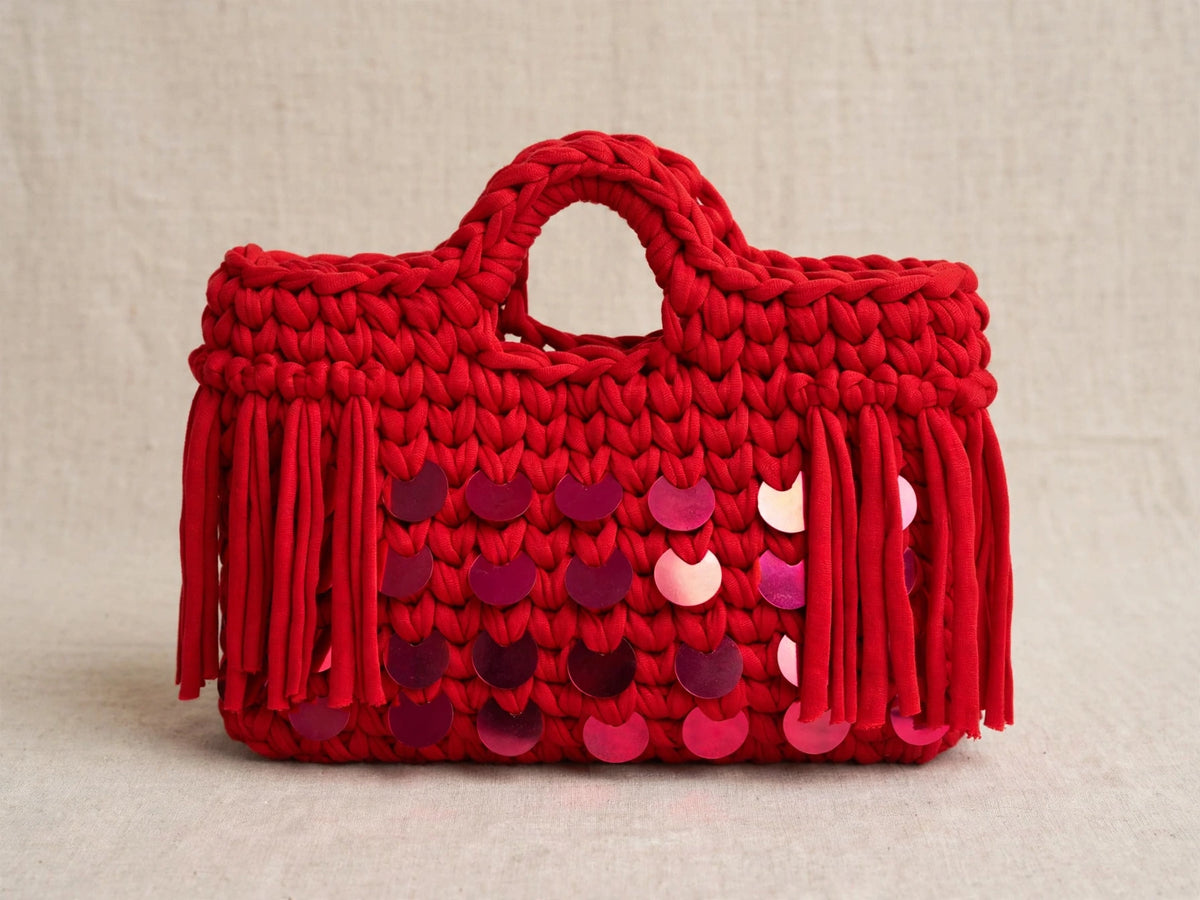 LIA FIESTA - Borsa Uncinetto Rossa con Paillettes e Frange 💃