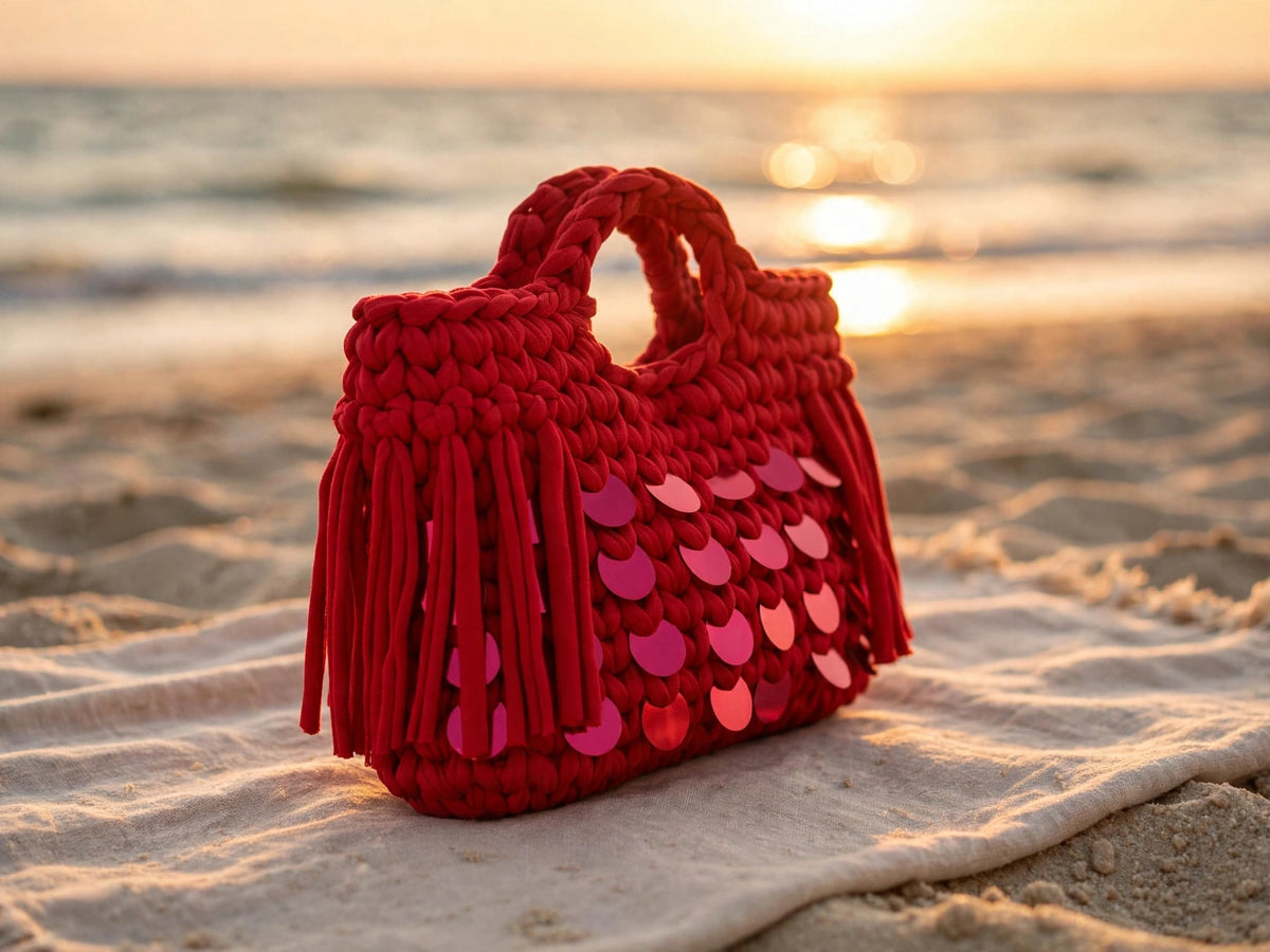 LIA FIESTA - Borsa Uncinetto Rossa con Paillettes e Frange 💃