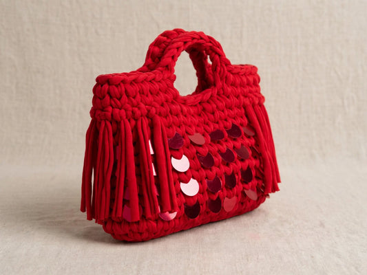 LIA FIESTA - Borsa Uncinetto Rossa con Paillettes e Frange 💃